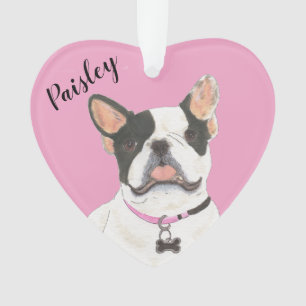 Personalised Pink Heart Black White Pied Frenchie Ornament