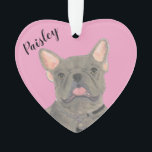 Personalised Pink Heart Blue Frenchie Ornament<br><div class="desc">I am in love with this beautifully detailed watercolor illustration of a blue frenchie or french bulldog on a sweet pink heart! Personalise these pastel ornaments and make the nice list this year! For the perfect presents, pair it with a matching item from the collection for a thoughtful housewarming, bridal...</div>