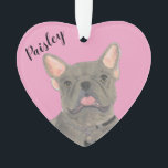 Personalised Pink Heart Blue Frenchie Ornament<br><div class="desc">I am in love with this beautifully detailed watercolor illustration of a blue frenchie or french bulldog on a sweet pink heart! Personalise these pastel ornaments and make the nice list this year! For the perfect presents, pair it with a matching item from the collection for a thoughtful housewarming, bridal...</div>