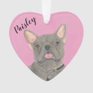Personalised Pink Heart Blue Frenchie Ornament