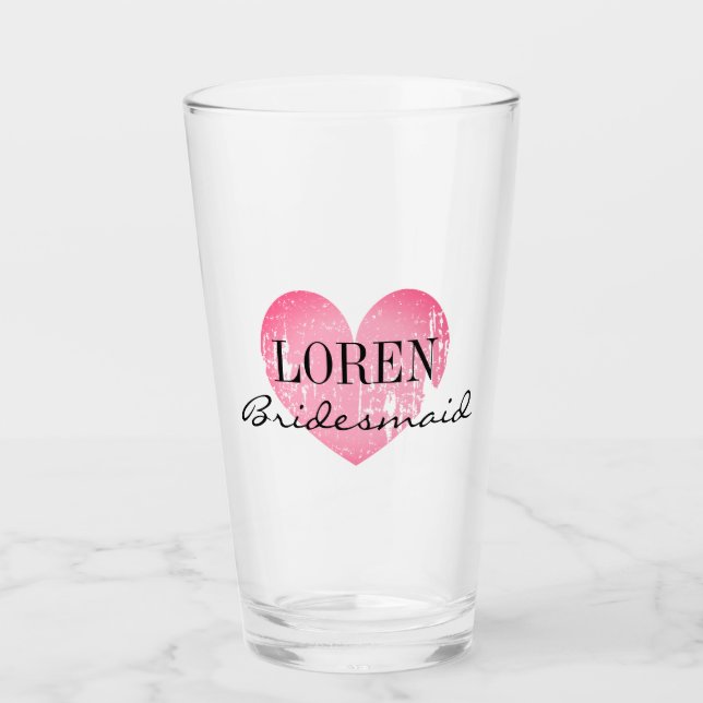 Personalised pink heart bridesmaid wedding favour glass (Front)
