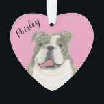 Personalised Pink Heart Brindle English Bulldog Ornament<br><div class="desc">I am in love with this beautifully detailed watercolor illustration of a brindle an white english bulldog on a sweet pink heart! Personalise these pastel ornaments and make the nice list this year! For the perfect presents, pair it with a matching item from the collection for a thoughtful housewarming, bridal...</div>
