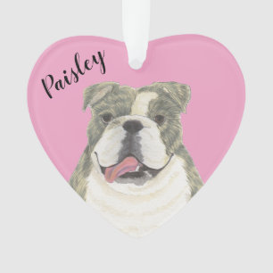 Personalised Pink Heart Brindle English Bulldog Ornament