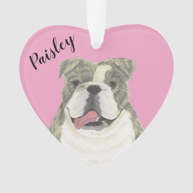 Personalised Pink Heart Brindle English Bulldog Ornament (Front)