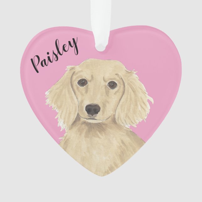 Personalised Pink Heart English Cream Dachshund Ornament (Front)