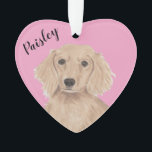 Personalised Pink Heart English Red Dachshund Ornament<br><div class="desc">I am in love with this beautifully detailed watercolor illustration of an english long haired red dachshund on a sweet pink heart! Personalise these pastel ornaments and make the nice list this year! For the perfect presents, pair it with a matching item from the collection for a thoughtful housewarming, bridal...</div>