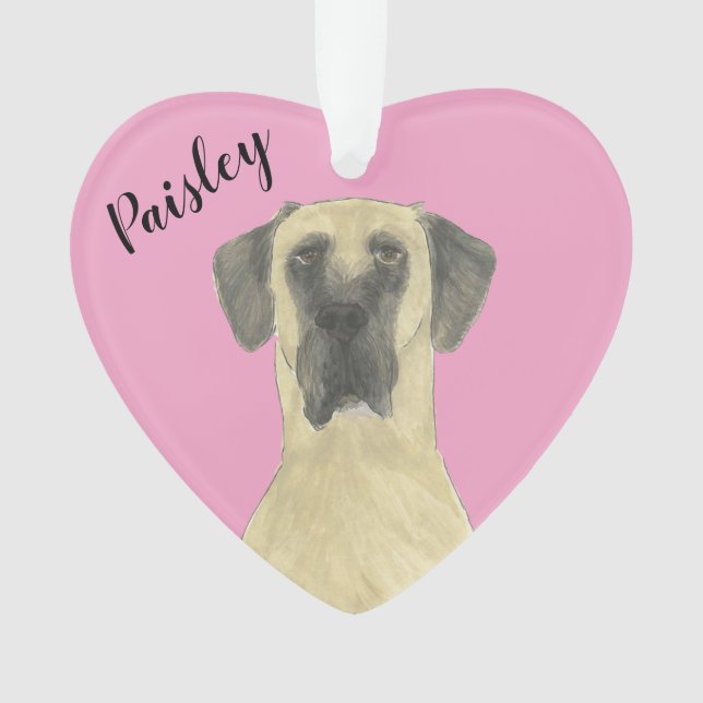 Personalised Pink Heart Fawn Masked Great Dane Ornament (Front)