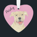 Personalised Pink Heart Fawn Tan Pitbull Staffy Ornament<br><div class="desc">I am in love with this beautifully detailed watercolor illustration of a a fawn pitbull or staffy dog on a sweet pink heart! Personalise these pastel ornaments and make the nice list this year! For the perfect presents, pair it with a matching item from the collection for a thoughtful housewarming,...</div>