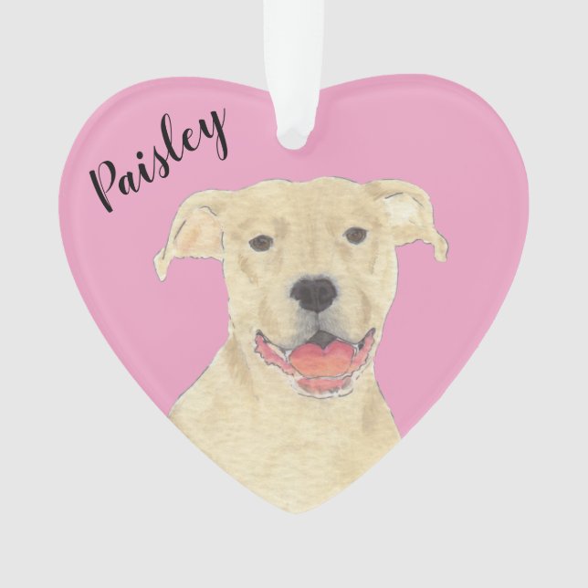 Personalised Pink Heart Fawn Tan Pitbull Staffy Ornament (Front)
