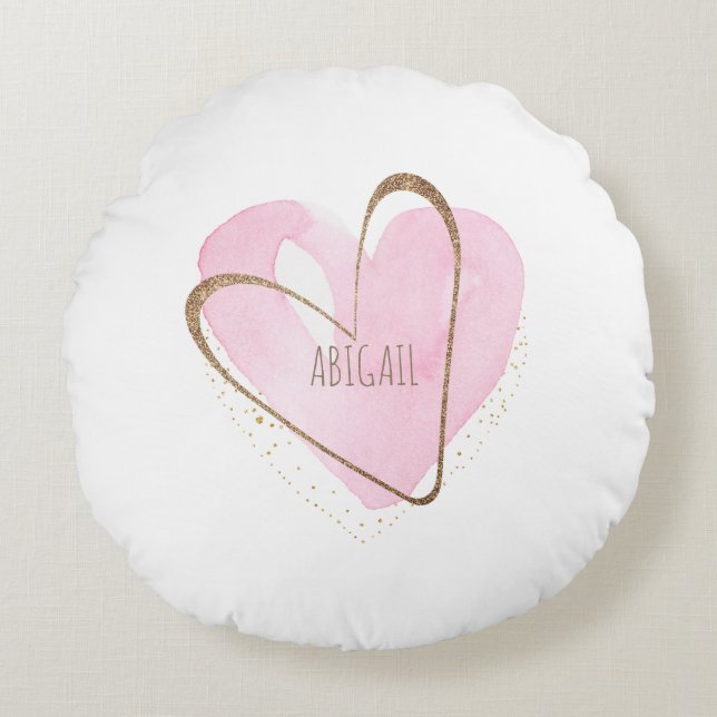 Personalised Pink Heart Glam White Girl's Round Cushion (Front)