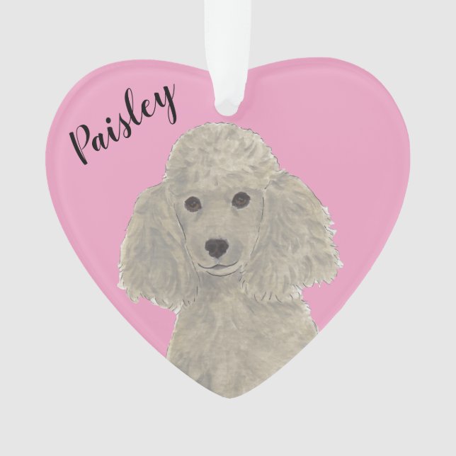 Personalised Pink Heart Grey Silver Poodle Ornament (Front)
