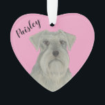 Personalised Pink Heart Grey SIlver Schnauzer Ornament<br><div class="desc">I am in love with this beautifully detailed watercolor illustration of a grey or silver schnauzer dog on a sweet pink heart! Personalise these pastel ornaments and make the nice list this year! For the perfect presents, pair it with a matching item from the collection for a thoughtful housewarming, bridal...</div>