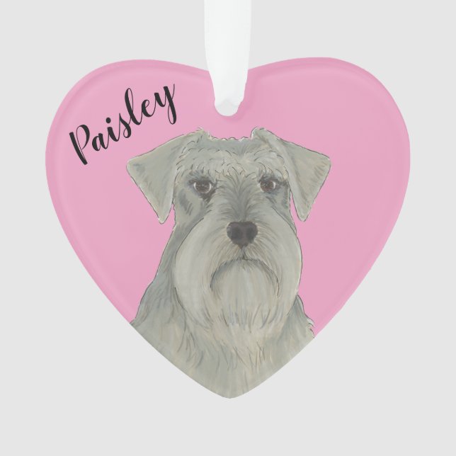 Personalised Pink Heart Grey SIlver Schnauzer Ornament (Front)