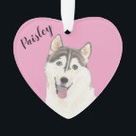Personalised Pink Heart Husky Ornament<br><div class="desc">I am in love with this beautifully detailed watercolor illustration of a husky dog on a sweet pink heart! Personalise these pastel ornaments and make the nice list this year! For the perfect presents, pair it with a matching item from the collection for a thoughtful housewarming, bridal shower, teacher, mother-in-law,...</div>