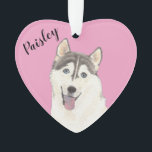 Personalised Pink Heart Husky Ornament<br><div class="desc">I am in love with this beautifully detailed watercolor illustration of a husky dog on a sweet pink heart! Personalise these pastel ornaments and make the nice list this year! For the perfect presents, pair it with a matching item from the collection for a thoughtful housewarming, bridal shower, teacher, mother-in-law,...</div>