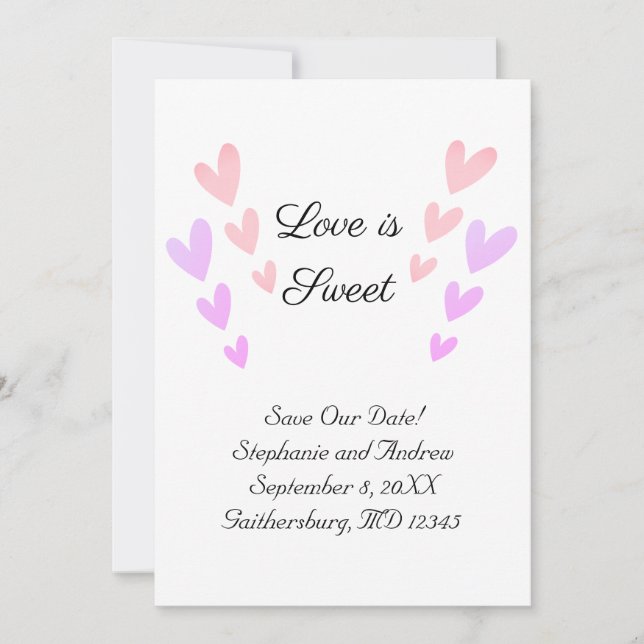 Personalised Pink Heart Love Is Sweet Wedding Save The Date (Front)