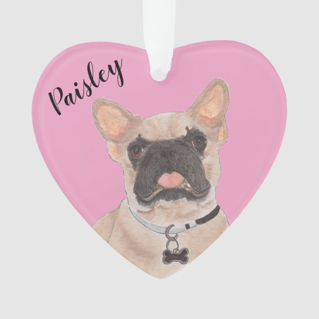 Personalised Pink Heart Masked Frenchie Ornament (Front)