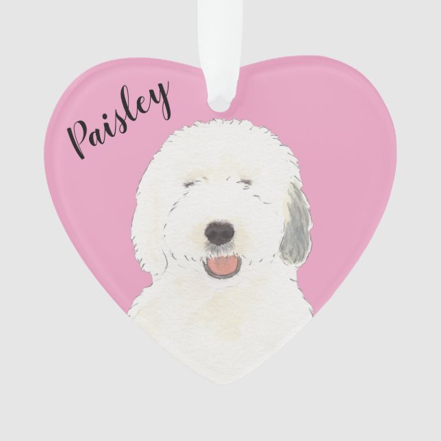 Personalised Pink Heart Old English Sheepdog Ornament (Front)