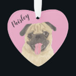 Personalised Pink Heart Pug Ornament<br><div class="desc">I am in love with this beautifully detailed watercolor illustration of a pug dog on a sweet pink heart! Personalise these pastel ornaments and make the nice list this year! For the perfect presents, pair it with a matching item from the collection for a thoughtful housewarming, bridal shower, teacher, mother-in-law,...</div>