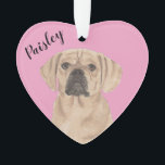 Personalised Pink Heart Puggle Ornament<br><div class="desc">I am in love with this beautifully detailed watercolor illustration of a puggle dog on a sweet pink heart! Personalise these pastel ornaments and make the nice list this year! For the perfect presents, pair it with a matching item from the collection for a thoughtful housewarming, bridal shower, teacher, mother-in-law,...</div>