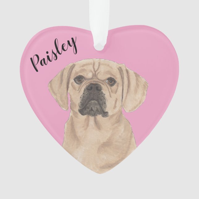 Personalised Pink Heart Puggle Ornament (Front)