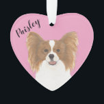 Personalised Pink Heart Red and White Papillon  Ornament<br><div class="desc">I am in love with this beautifully detailed watercolor illustration of a red and white papillon dog on a sweet pink heart! Personalise these pastel ornaments and make the nice list this year! For the perfect presents, pair it with a matching item from the collection for a thoughtful housewarming, bridal...</div>