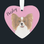 Personalised Pink Heart Red and White Papillon  Ornament<br><div class="desc">I am in love with this beautifully detailed watercolor illustration of a red and white papillon dog on a sweet pink heart! Personalise these pastel ornaments and make the nice list this year! For the perfect presents, pair it with a matching item from the collection for a thoughtful housewarming, bridal...</div>