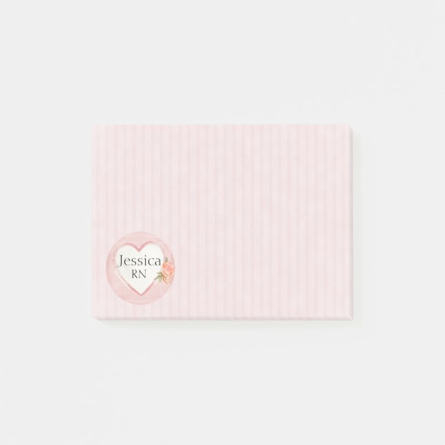 Personalised Pink Heart & Rose Nurse, RN Post-it Notes (Front)