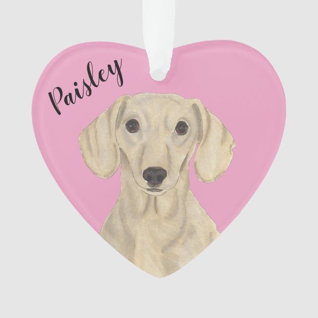 Personalised Pink Heart Smooth Cream Dachshund Ornament (Front)