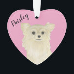 Personalised Pink Heart Tan Long Haired Chihuahua Ornament<br><div class="desc">I am in love with this beautifully detailed watercolor illustration of a fawn, tan, or cream long haired applehead chihuahua dog! Personalise these reversible ornaments and make the nice list this year! Shop the rest of my collection for the sweetest housewarming, bridal shower, teacher, mother-in-law, husband, boyfriend, secret santa, sympathy,...</div>