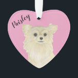 Personalised Pink Heart Tan Long Haired Chihuahua Ornament<br><div class="desc">I am in love with this beautifully detailed watercolor illustration of a fawn, tan, or cream long haired applehead chihuahua dog! Personalise these reversible ornaments and make the nice list this year! Shop the rest of my collection for the sweetest housewarming, bridal shower, teacher, mother-in-law, husband, boyfriend, secret santa, sympathy,...</div>