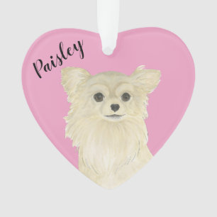 Personalised Pink Heart Tan Long Haired Chihuahua Ornament