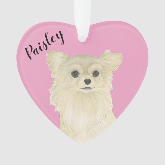 Personalised Pink Heart Tan Long Haired Chihuahua Ornament (Front)