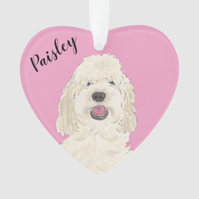 Personalised Pink Heart White Cream Golden Doodle Ornament (Front)