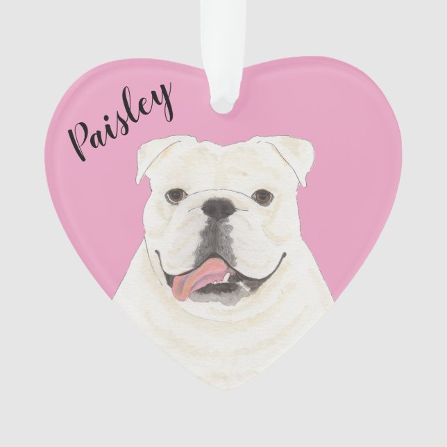 Personalised Pink Heart White English Bulldog Ornament (Front)