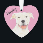 Personalised Pink Heart White Pitbull Staffy Ornament<br><div class="desc">I am in love with this beautifully detailed watercolor illustration of a white pitbull or staffy dog on a sweet pink heart! Personalise these pastel ornaments and make the nice list this year! For the perfect presents, pair it with a matching item from the collection for a thoughtful housewarming, bridal...</div>