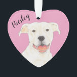 Personalised Pink Heart White Pitbull Staffy Ornament<br><div class="desc">I am in love with this beautifully detailed watercolor illustration of a white pitbull or staffy dog on a sweet pink heart! Personalise these pastel ornaments and make the nice list this year! For the perfect presents, pair it with a matching item from the collection for a thoughtful housewarming, bridal...</div>