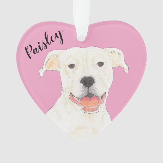Personalised Pink Heart White Pitbull Staffy Ornament (Front)