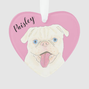 Personalised Pink Heart White Pug Ornament