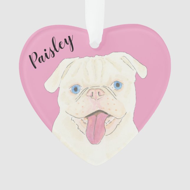 Personalised Pink Heart White Pug Ornament (Front)