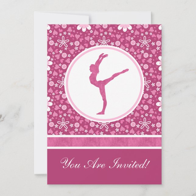 Personalised Pink Hearts and Floral Gymnastics Invitation (Front)