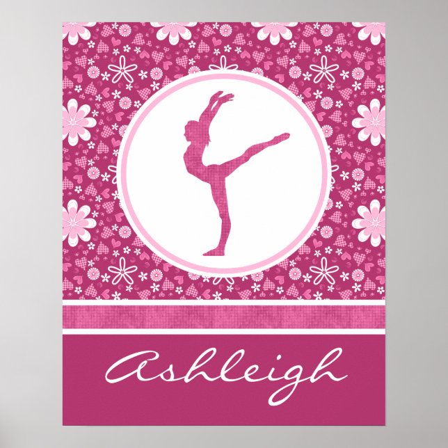 Personalised Pink Hearts and Floral Gymnastics Poster (Front)