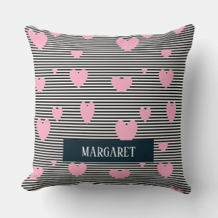 Personalised pink hearts and stripes cushion