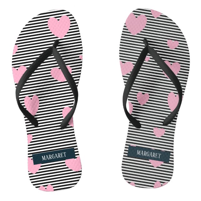 Personalised pink hearts and stripes flip flops (Footbed)