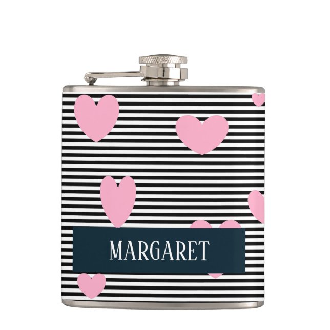 Personalised pink hearts and stripes hip flask (Front)