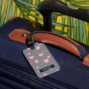 Personalised pink hearts and stripes luggage tag