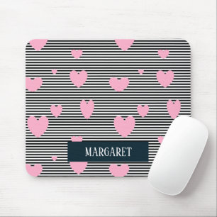 Personalised pink hearts and stripes mouse mat