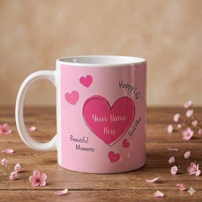 Personalised Pink Hearts Coffee Mug (Pink ceramic mug with pink hearts and customizable texts.)