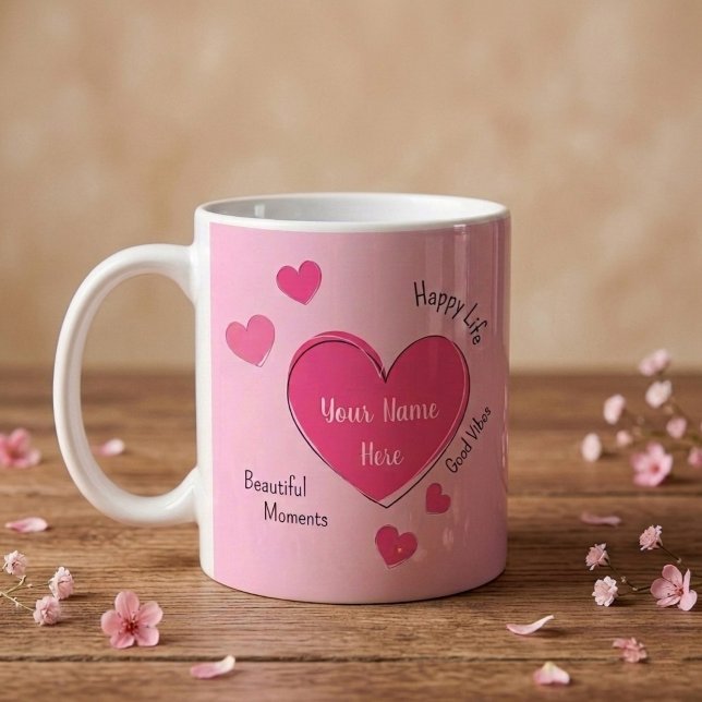 Personalised Pink Hearts Coffee Mug (Fully customizable pink hearts coffee mug with editable text)