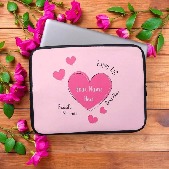Personalised Pink Hearts Laptop Case (Fully customizable pink hearts laptop case with editable text)